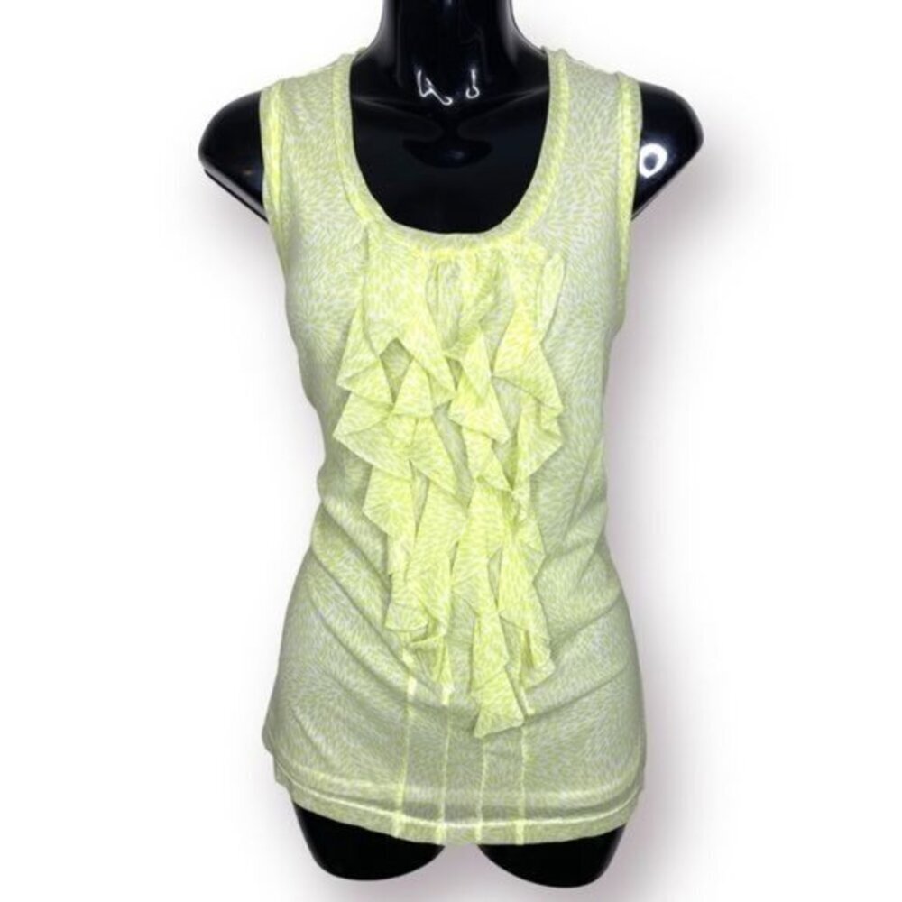 Chicos Size 12 Yellow Abstract Floral Print Semi Sheer Sleeveless Ruffle Top